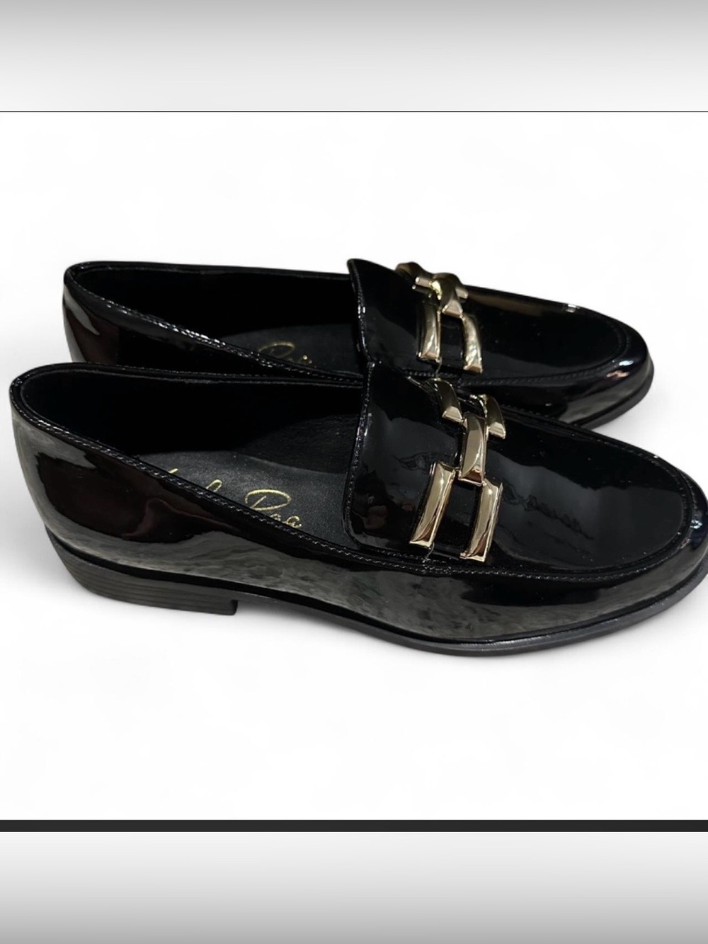 Black Patent Loafers with Gold Accent – Women's Slip-On Flats